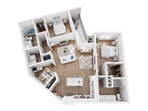 A top-down view of a small apartment with a kitchen, living room, and bedroom.